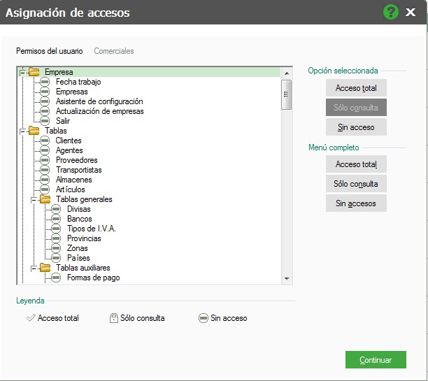 pantalla de asignacion de accesos en grupo de usuarios flex